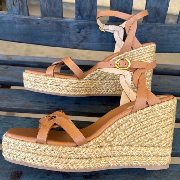 Stuart Weitzman Braida Espadrille Wedge Sandal Tan Leather Women 11B Made Spain - Picture 6 of 10